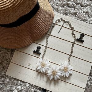 White tan neutral silver flower statement necklace